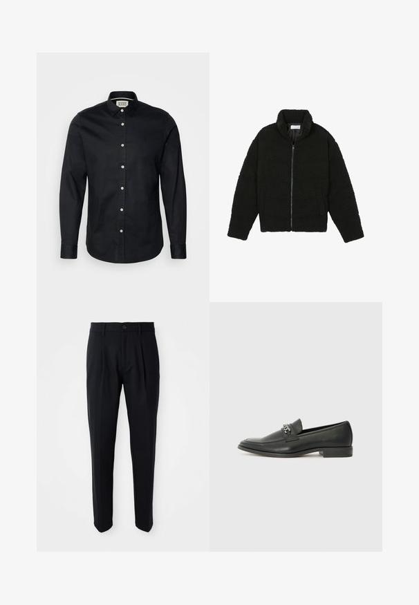 Giacca in pelliccia sintetica nera con colletto alto, chiusura con zip, polsini elasticizzati e design trapuntato. Presenta tasche laterali e una consistenza morbida.; Camisetta nera a maniche lunghe in cotone, con collo a punta, chiusura frontale con bottoni e un piccolo logo ricamato sul petto.; Pantaloni neri su misura con pince frontali, chiusura con bottone e passanti per cintura, esposti su uno sfondo bianco.; Mocassino in pelle nera con finitura liscia, caratterizzato da un design cucito e da un accento decorativo in catena metallica sul vamp. Tacco piatto.