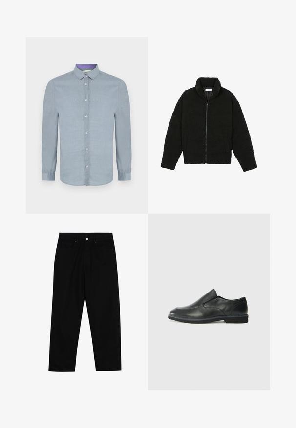 Must must karusnahast jakk kõrge kraega, lukuga sulgemine, elastsed varrukad ja tikandmuster. Omab küljetaskuid ja pehmet tekstuuri.; Hele sinine pika varrukaga särk, millel on nööbid ja pehme tekstuur. Sisekaelusel on kontrastne lillakate aktsent.; Mustadest denimist püksid, millel on sirge jalg, viie tasku disain ja eesnupuga sulgur. Sile tekstuur koos minimaalsete õmblustega.; Must musta laia suuga king, millel on sile ülemine osa, õmmeldud detailid, ümmargune nina ja madal kummist konts. Tallal on minimaalne mustr.