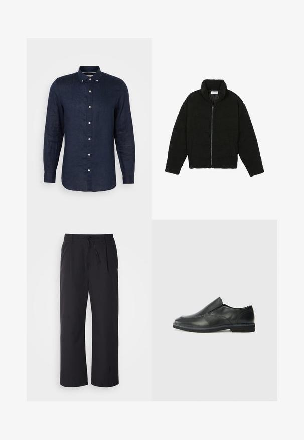 Black faux fur jacket with a high collar, zip closure, elastic cuffs, and a quilted design. Features side pockets and a soft texture.; Navy blue long-sleeve shirt made of linen, featuring a button-down collar, six buttons down the front, and a slightly curved hem.; Wide-leg pants in textured black fabric with a drawstring waistband, featuring two front pockets and a straight cut design.; Black leather slip-on shoe with a smooth upper, stitched accents, rounded toe, and a low rubber heel. Sole features minimal tread.