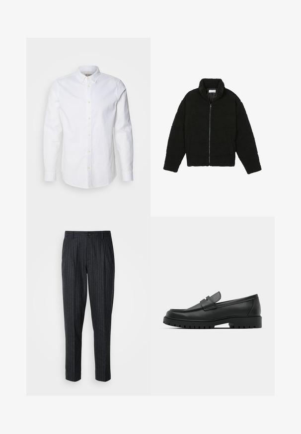 Chaqueta de pelaje sintético negro con cuello alto, cierre de cremallera, puños elásticos y un diseño acolchado. Cuenta con bolsillos laterales y una textura suave.; Camisa blanca de manga larga con botones, hecha de algodón, que presenta un cuello estructurado, bordado de logotipo sutil y botones de color beige claro.; Pantalones ajustados en tela gris oscuro con finas rayas verticales; cuentan con un cierre de botón y un diseño de frente plisado.; Mocasines de cuero negro con punta redonda, que cuentan con un diseño cosido, suela de plataforma baja y una suela de goma texturada y con tacos.