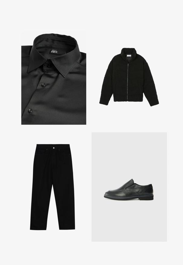 Svart faux fur-jacka med hög krage, dragkedjestängning, elastiska manschetter och ett kviltat mönster. Har sidofickor och en mjuk textur.; Next EDIT LONG SLEEVE- REGULAR FIT - Skjorta - black; Svarta denimbyxor med rak passform, femficksdesign och framknäppning. Slät textur med minimala sömdetaljer.; Svart lädersko i slip-on-modell med en slät ovandel, sömnadsdetaljer, rund tå och låg gummihäl. Sulan har minimal mönstring.