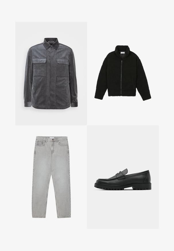 Giacca in pelliccia sintetica nera con colletto alto, chiusura con zip, polsini elasticizzati e design trapuntato. Presenta tasche laterali e una consistenza morbida.; Camicia in corduroy a righe nere e grigie con colletto button-down, due tasche sul petto e maniche lunghe. Tessuto testurizzato con una finitura liscia.; Pantaloni in denim grigio chiaro con design a gamba dritta, stile a cinque tasche e chiusura con bottone. Cuciture visibili lungo le cuciture.; Mocassini in pelle nera con punta rotonda, caratterizzati da un design cucito, suola piatta bassa e un battistrada in gomma testurizzata e scolpita.