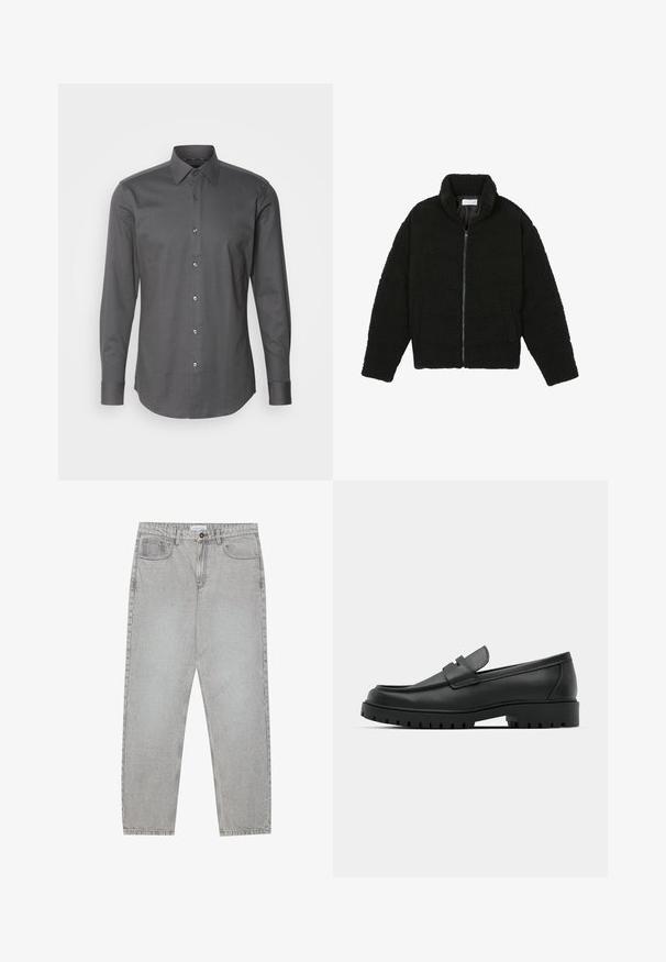 Črna jakna iz umetnega krzna z visokim ovratnikom, z zadrgo, elastičnimi manšetami in kviltanim dizajnom. Ima stranske žepke in mehak tekstur.; Moška srajca z dolgimi rokavi v temno sivi barvi, narejena iz teksturirane tkanine, z gumbnim zapiranjem spredaj in klasičnim ovratnikom. Gladek zaključek, sodoben kroj.; Svetlo sivi traper hlače s ravnim krojem, pet žepov in gumbom za zapiranje. Vidno šivanje ob šivih.; Črne usnjene loafers čevlje z zaobljenim nosom, ki imajo šivano zasnovo, nizko platformo in teksturiran, profiliran gumijast podplat.