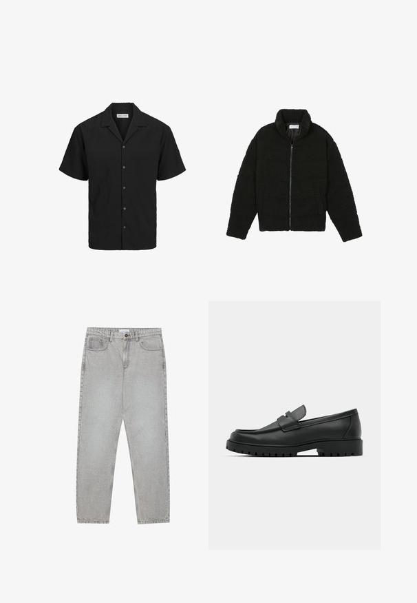 Schwarze Kunstpelzjacke mit hohem Kragen, Reißverschluss, elastischen Bündchen und gestepptem Design. Verfügt über seitliche Taschen und eine weiche Textur.; Kurzärmliges Hemd in Schwarz aus strukturiertem Stoff mit Camp-Kragen und fünf passenden Knöpfen auf der Vorderseite.; Helle graue Jeanshose mit gerade geschnittenem Design, Fünf-Taschen-Stil und Knopfverschluss. Sichtbare Nähte entlang der Seitennähte.; Schwarze Lederloafer mit runder Zehenform, ausgestattet mit einem gesteppten Design, niedrigem Plattformsohle und einer strukturierten, genoppten Gummisohle.