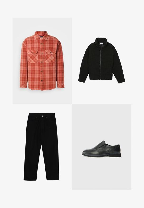 Čierna umelá kožušinová bunda s vysokým golierom, zipsom, elastickými manžetami a prešívaným dizajnom. Má bočné vrecká a jemnú textúru.; Červená a ružová kockovaná flanelová košeľa s dlhými rukávmi, gombíkovým golierom, dvoma prsiakovými vreckami a kontrastnými detailmi na gombíkoch.; Čierne denimmové nohavice s rovný strihom, dizajnom s piatimi vreckami a upínaním na prednej strane. Hladká textúra s minimálnymi detailmi šitia.; Čierny kožený nazúvací topánka s hladkým zvrškom, prešitými akcentmi, zaoblenou špičkou a nízkym gumovým podpätkom. Podošva má minimálny dezén.