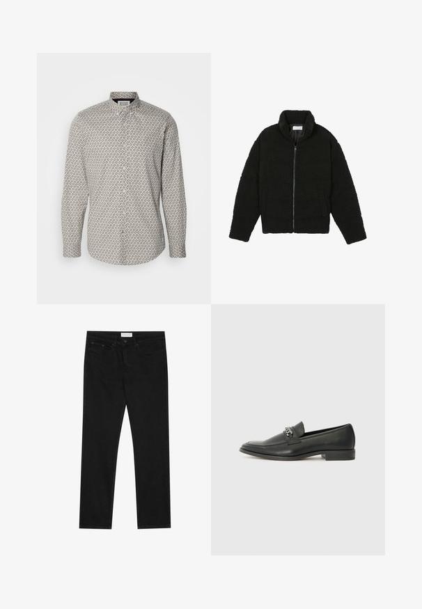 Črna jakna iz umetnega krzna z visokim ovratnikom, z zadrgo, elastičnimi manšetami in kviltanim dizajnom. Ima stranske žepke in mehak tekstur.; Srajca z dolgimi rokavi in gumbom v svetlo bež barvi z mrežno vzorcem v modri in temno sivi. Ima stand ovratnik in zapiranje na gumbe.; Črne ravne jeans hlače s petimi žepi, z gumbom in zadrgo za zapiranje ter oznako blagovne znamke Pier One na pasu.; Črni usnjeni loafer z gladko površino, ki ima šivano zasnovo in dekorativni kovinski verižni naglas preko vampirja. Ravno peto.