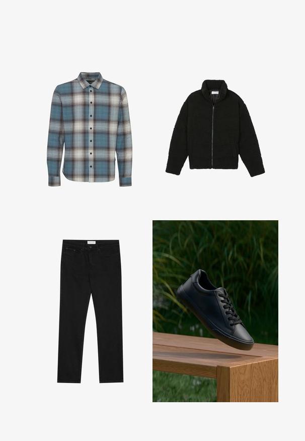 Svart fuskepelsjakke med høy krage, glidelås, elastiske mansjetter og quiltet design. Har sidelommer og en myk tekstur.; Langermet rutete skjorte med blå, hvite og brune farger. Laget av et mykt stoff med standard krage og knappestenging.; Svarte jeans med rette ben, fem lommer, knapp og glidelås-lukking, og et Pier One-merkelapp på midjen.; Sorte lærersneakers med en glatt tekstur, rund tå og flate lisser, plassert over en treoverflate med grønt gress i bakgrunnen.
