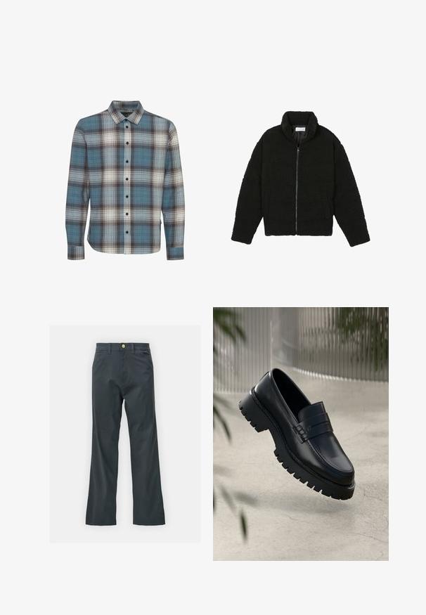 Musta tekokarvalehtijakku korkean kauluksen, vetoketjun, joustavat hihansuut ja tilkkutäkkikuvion. Sisältää sivutaskut ja pehmeän pinnan.; Pitkähihainen ruudullinen paita, jossa on sinisiä, valkoisia ja ruskeita värejä. Valmistettu pehmeästä kankaasta, jossa on tavallinen kaulus ja nappisuljenta.; Mustat housut suoran lahkeen leikkauksella, valmistettu puuvillasekoitekankaasta. Varustettu metallinappikiinnityksellä ja sivutaskuilla. Ei näkyviä kuvioita.; Mustat nahka loaferit, joissa on paksu pohja, koristeellinen nauha ja ompelu yksityiskohtana. Liukas pinta kiiltävällä viimeistelyllä.