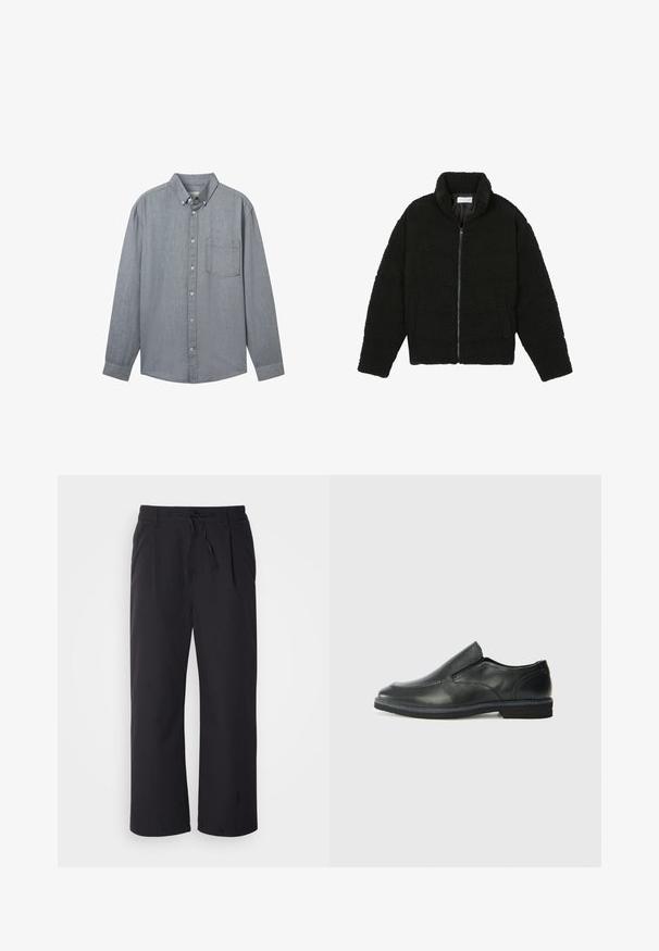 Must must karusnahast jakk kõrge kraega, lukuga sulgemine, elastsed varrukad ja tikandmuster. Omab küljetaskuid ja pehmet tekstuuri.; Halli hallinärk, millel on pikad varrukad, krae, üks rinnakott ja tekstuuriga kangas. Ees on nähtavad nööbid, mis kinnitavad särki.; Laiad püksid tekstuuriga mustast kangast, millel on paeltega vöö, kahe esiosa tasku ja sirge lõikega disain.; Must musta laia suuga king, millel on sile ülemine osa, õmmeldud detailid, ümmargune nina ja madal kummist konts. Tallal on minimaalne mustr.