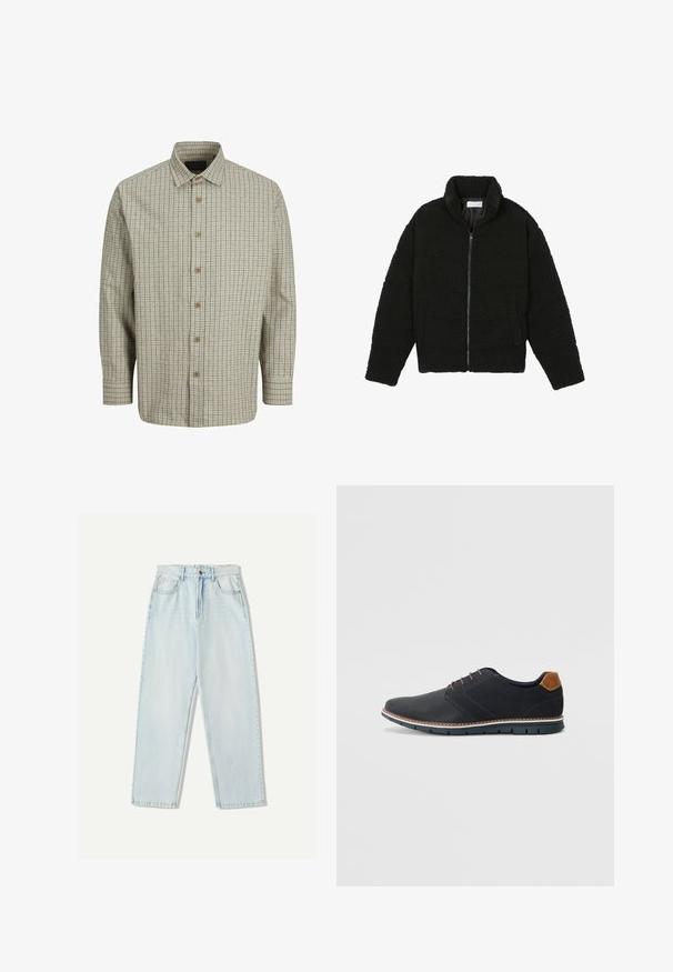 Fekete műszőrme dzseki magas gallérral, cipzáros záródással, rugalmas mandzsettákkal és steppelt mintázattal. Oldalsó zsebekkel rendelkezik, és puha tapintású.; Gombos ing, könnyű anyagból készült, bézs és sötétkék kockás mintázattal, széles gallérral és fából készült gombokkal.; Világoskék farmernadrág, laza szabással, egyenes szárú kialakítással, öt zsebes stílussal és finom elhalványulással az anyagon.; Fekete szintetikus cipők, textúrált felsőrésszel, sima díszítésekkel, barna sarkával és kontrasztos talppal. Minimális fűzéssel és varrási részletekkel rendelkezik.