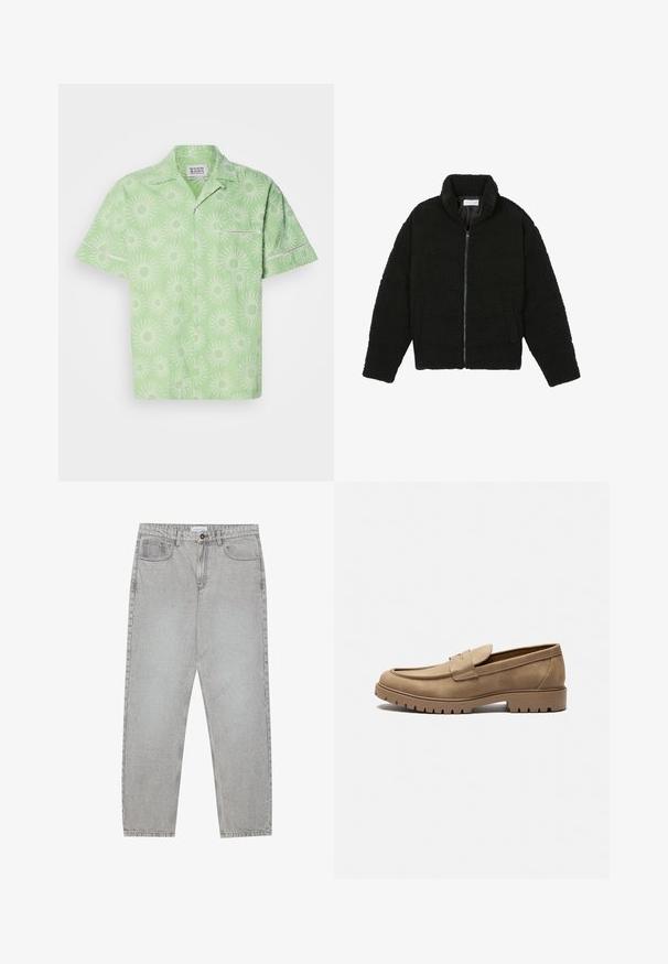 Sort faux fur jakke med høj krave, lynlås lukning, elastiske ærmer og et quiltet design. Har sidelommer og en blød tekstur.; Kortærmet, lysegrøn skjorte med et solstråle mønster i hvid, med knaplukning og en lille brystlomme. Struktureret stof.; Lysegrå denimbukser med lige ben, fem lommer og knaplukning. Synlig syning langs sømmene.; Tan mockasiner i ruskind med rund tå, flad gummisål og dekorative syninger på overdelen. Har et slip-on design uden snørebånd.