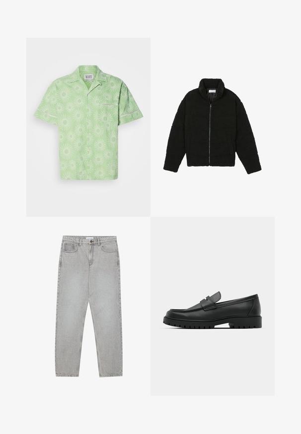 Melnā mākslīgā kažokādas jaka ar augstu apkakli, ar rāvējslēdzēju, elastīgām piedurknēm un kvadrātveida šuvēm. Iespējotas sānu kabatas un mīksta tekstūra.; Īsām piedurknēm, gaiši zaļa krekla ar baltu saules staru rakstu, ar pogu aizdari un nelielu krūšu kabatu. Strukturēta auduma.; Gai pelēko džinsu bikses ar taisnajām kājām, piecu kabatu stilu un pogu aizdari. Redzama šuvju apstrāde gar šuvēm.; Melnas ādas loafers ar noapaļotu purngalu, ar izšūtu dizainu, zemu platformas zoli un teksturētu, rievotu gumijas ārējo zoli.