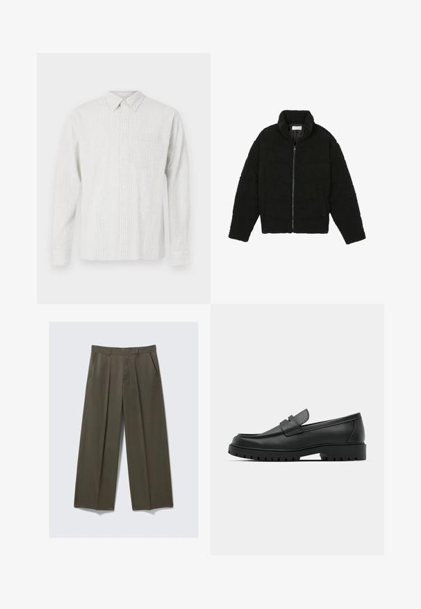 Zwarte faux fur jas met een hoge kraag, ritssluiting, elastische manchetten en een doorgestikt ontwerp. Beschikt over zijzakken en een zachte textuur.; Lange mouw knoopsluiting shirt in lichtgrijs met een gestructureerd ruitpatroon, een borstzak en een klassieke kraag. Gemaakt van geweven stof.; Wijdvallende broek in olijfgroen, gemaakt van een gladde stof. Voorzien van steekzakken, een vlakke voorkant en gestikte plooien voor structuur.; Zwarte leren instappers met een ronde neus, voorzien van een gestikt ontwerp, een lage platformzool en een gestructureerde, grof rubberen buitenzool.