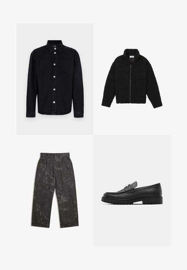 Schwarze Kunstpelzjacke mit hohem Kragen, Reißverschluss, elastischen Bündchen und gestepptem Design. Verfügt über seitliche Taschen und eine weiche Textur.; Schwarzes Jeanshemd mit langen Ärmeln, abknöpfbarem Kragen und silbernen Beschlägen. Verfügt über einen geraden Schnitt und eine schlichte Textur.; Dunkelgraue Jeanshose mit lockerer Passform, die dezente melierte Muster und metallische Details aufweist. Fünf-Taschen-Design.; Schwarze Lederloafer mit runder Zehenform, ausgestattet mit einem gesteppten Design, niedrigem Plattformsohle und einer strukturierten, genoppten Gummisohle.