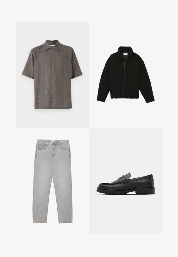 Juoda dirbtinė kailio striukė su aukštu apykakle, užtrauktuku, elastingomis rankovėmis ir siuvinėtu raštu. Su šoninėmis kišenėmis ir švelnia tekstūra.; Trumpas rankovėmis, alyvuogių žalios spalvos marškiniai iš tekstūruoto audinio, su reljefiniu lapų raštu, klasikiniu apykaklė ir priekinis užsegimas sagomis.; Šviesiai pilki džinsai su tiesiu kirpimu, penkiais kišenėmis ir mygtuko uždarymu. Matoma siuvimo linija palei siūles.; Juodi odiniai loaferiai su apvalia nosimi, su siuvinėtu dizainu, žemu platformos padu ir tekstūruotu, sukibimo raštu padu.
