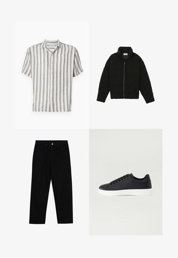 Casaco de pelo sintético preto com gola alta, fecho de zip, punhos elásticos e um design acolchoado. Apresenta bolsos laterais e uma textura suave.; Camisa de botão de manga curta em creme com riscas verticais pretas. Apresenta um colarinho e cinco botões à frente. Tecido texturizado.; Calças de ganga pretas com corte straight-leg, design de cinco bolsos e fecho frontal por botão. Tecido suave com detalhes de costura mínimos.; Pier One UNISEX - Sapatilhas - black