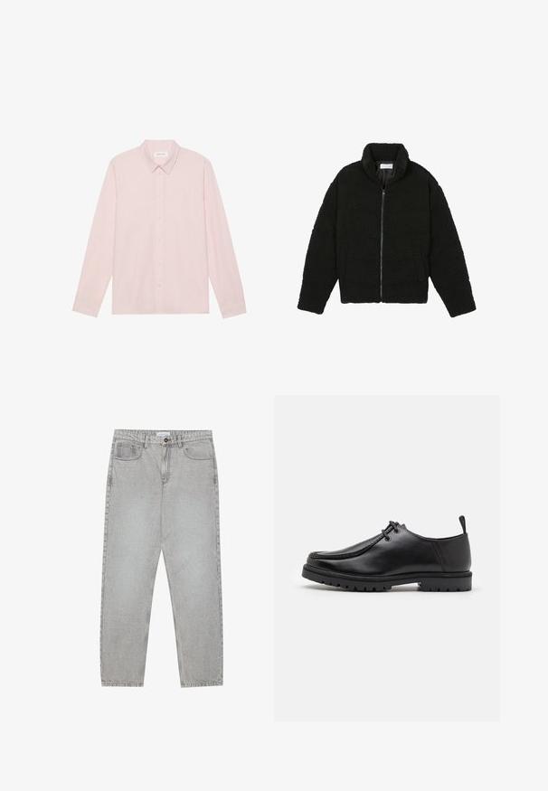 Fekete műszőrme dzseki magas gallérral, cipzáros záródással, rugalmas mandzsettákkal és steppelt mintázattal. Oldalsó zsebekkel rendelkezik, és puha tapintású.; Világos rózsaszín, hosszú ujjú gombos ing, hegyes gallérral, sima anyagból készült, elülső gombolással és minimalista dizájnnal.; Világosszürke farmernadrág egyenes szabással, öt zsebes stílusban, gombos záródással. Látható varrások az illesztéseknél.; Fekete bőr cipő, fűzős kivitelben, strapabíró talppal és saroknál húzófüllel, oldalnézetből, fehér háttér előtt.
