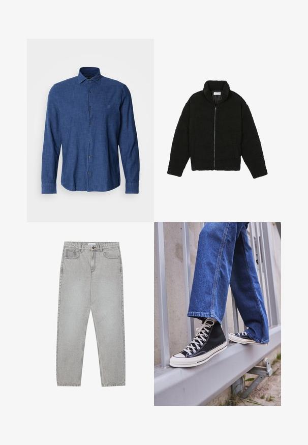 Zwarte faux fur jas met een hoge kraag, ritssluiting, elastische manchetten en een doorgestikt ontwerp. Beschikt over zijzakken en een zachte textuur.; Blauw overhemd met lange mouwen van textiel met structuur, voorzien van een traditionele kraag, knoopsluiting aan de voorkant en subtiele logo borduursel op de borst.; Lichtgrijze denimbroek met een recht model, vijfzakkenstijl en een knoopsluiting. Zichtbare stiksels langs de naden.; Zwarte hoge sneakers met witte zool en veters, gecombineerd met losse blauwe denim jeans, rustend op een grijze leuning.