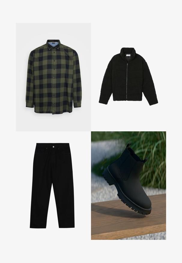 Giacca in pelliccia sintetica nera con colletto alto, chiusura con zip, polsini elasticizzati e design trapuntato. Presenta tasche laterali e una consistenza morbida.; Camicia a quadri verde e nera con maniche lunghe, chiusura con bottoni e collo classico. Realizzata in tessuto leggero con una texture liscia.; Pantaloni in denim nero con taglio dritto, design a cinque tasche e chiusura frontale con bottone. Tessuto liscio con dettagli di cucitura minimi.; Stivale alla caviglia nero con finitura liscia, pannelli laterali elastici e una suola spessa e robusta. Ambientato su uno sfondo naturale su una superficie di legno.