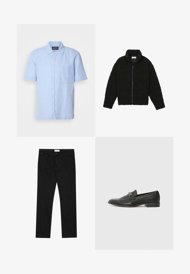 Černá umělá kožešinová bunda s vysokým límcem, zipovým uzávěrem, elastickými manžetami a prošívaným designem. Obsahuje postranní kapsy a jemnou texturu.; Marc O'Polo CAMP COLLAR SHORT SLEEVES ONE RECTANGULAR CHEST POCKET SLITS AT SIDE SEAMS - Košile - multi homestead blue; Černé rovné džíny s pěti kapsami, zapínání na knoflík a zip, a štítek značky Pier One na pase.; Černé kožené mokasíny s hladkým povrchem, s prošívaným designem a dekoračním kovovým řetízkem přes nárt. Plochý podpatek.