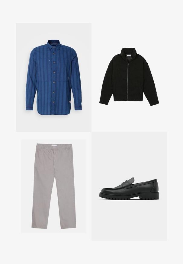 Must must karusnahast jakk kõrge kraega, lukuga sulgemine, elastsed varrukad ja tikandmuster. Omab küljetaskuid ja pehmet tekstuuri.; Sinine triibuline pikkade varrukatega särk, mis on valmistatud pehmest kangast, nuppudega esiosa, kahe rinnatasku ja klassikalise kraega.; Heledad hallid puuvillased püksid, millel on elastne vöökoht, kaks külgtaskut, sirge jala disain ja sile tekstuur. Lihtne õmbluse detail.; Mustad musta nahast loafers, millel on ümar varvas, tikandiga disain, madal platvorm-soon ja tekstureeritud, soonikkummist välistald.