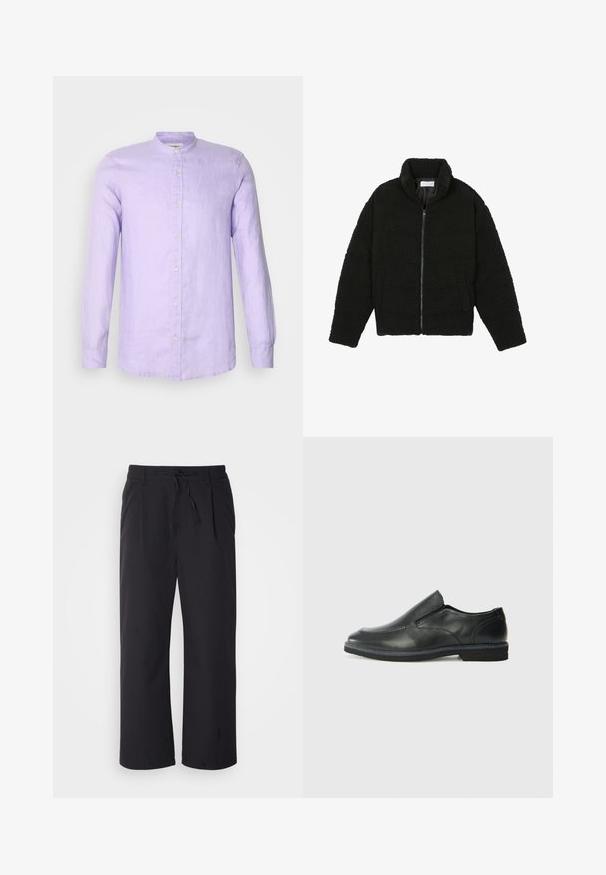 Jachetă din blană sintetică neagră, cu guler înalt, închidere cu fermoar, manșete elastice și un design matlasat. Dispune de buzunare laterale și o textură moale.; Cămașă cu mânecă lungă, cu nasturi, din in lavandă deschis, cu guler înalt și închidere frontală cu nasturi. Textură netedă, cu un croi lejer.; Pantaloni evazati dintr-un material texturat negru, cu un elastic în talie și două buzunare frontale, având un design drept.; Pantof de piele neagră, tip slip-on, cu un superior neted, accente cusute, vârf rotunjit și un toc jos din cauciuc. Talpa are un profil minim de aderență.