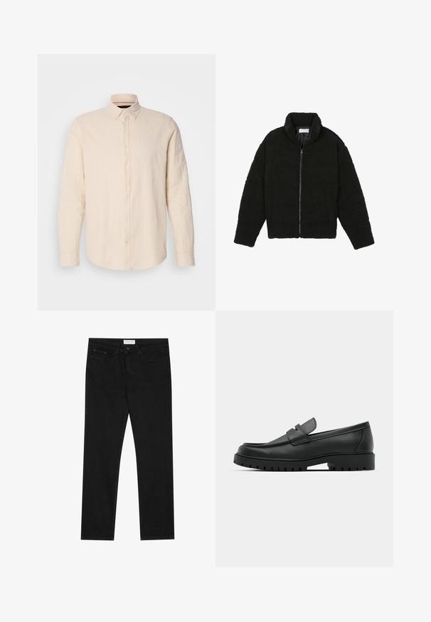 Melnā mākslīgā kažokādas jaka ar augstu apkakli, ar rāvējslēdzēju, elastīgām piedurknēm un kvadrātveida šuvēm. Iespējotas sānu kabatas un mīksta tekstūra.; Garu piedurknēm, pogājams krekls gaiši bežā lins ar apkakli, ar nedaudz strukturētu audumu un saskaņotām pogu detaļām.; Melni taisnie džinsi ar piecu kabatu dizainu, pogu un rāvējslēdzēja aizdari, un Pier One zīmola uzlīmi uz jostasvietas.; Melnas ādas loafers ar noapaļotu purngalu, ar izšūtu dizainu, zemu platformas zoli un teksturētu, rievotu gumijas ārējo zoli.