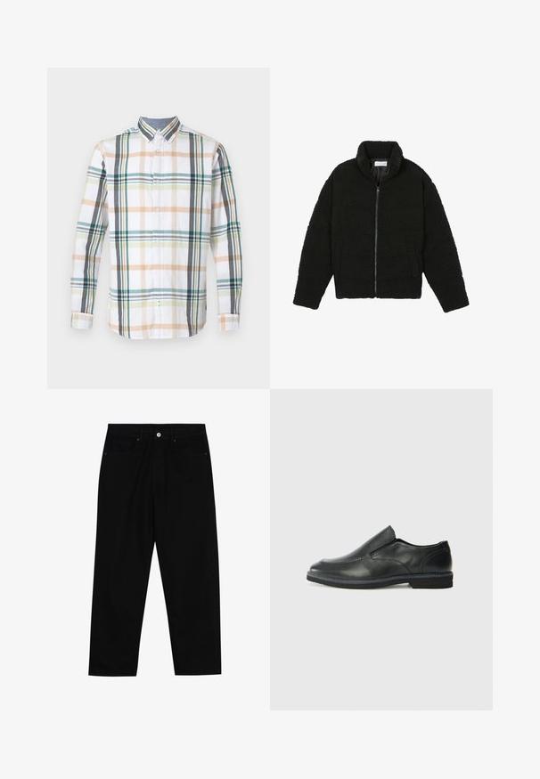 Melnā mākslīgā kažokādas jaka ar augstu apkakli, ar rāvējslēdzēju, elastīgām piedurknēm un kvadrātveida šuvēm. Iespējotas sānu kabatas un mīksta tekstūra.; Garā piedurkņu pogājama krekls no baltas auduma ar daudzkrāsainu šūnu rakstu, kas ietver zaļas, bēšas un pelēkas krāsas toņus.; Melni džinsi ar taisnu kāju griezumu, piecu kabatu dizainu un priekšēju pogu aizdari. Gluda tekstūra ar minimālu šuvju detaļu skaitu.; Melnas ādas slip-on kurpes ar gludu augšdaļu, izšūtām akcentiem, noapaļotu purngala daļu un zemu gumijas papēdi. Zole ar minimālu rakstu.