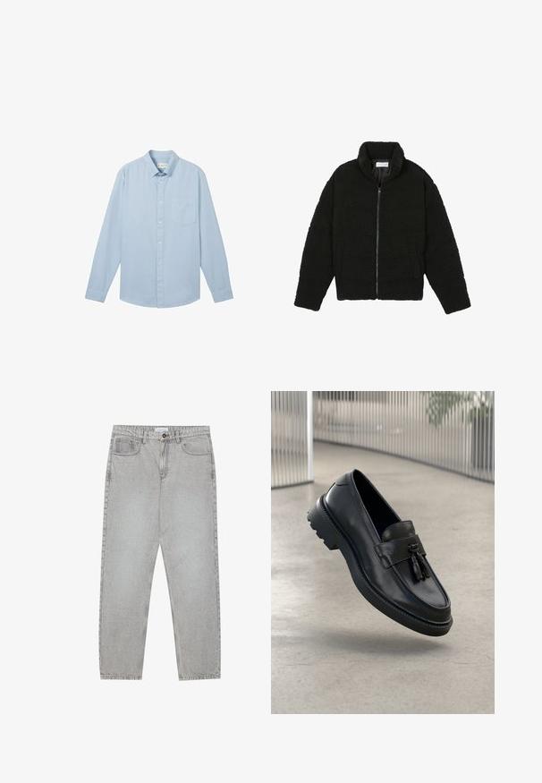 Melnā mākslīgā kažokādas jaka ar augstu apkakli, ar rāvējslēdzēju, elastīgām piedurknēm un kvadrātveida šuvēm. Iespējotas sānu kabatas un mīksta tekstūra.; Gai zils garām piedurknēm krekls, kas izgatavots no auduma ar reljefu rakstu, ar pogām aizdare un vienu krūšu kabatu.; Gai pelēko džinsu bikses ar taisnajām kājām, piecu kabatu stilu un pogu aizdari. Redzama šuvju apstrāde gar šuvēm.; Melnas ādas loaferi ar gludu apdari, dekoratīvu bārkstīm, biezu gumijas zolīti un izšūtām detaļām. Viegls un elegants dizains.