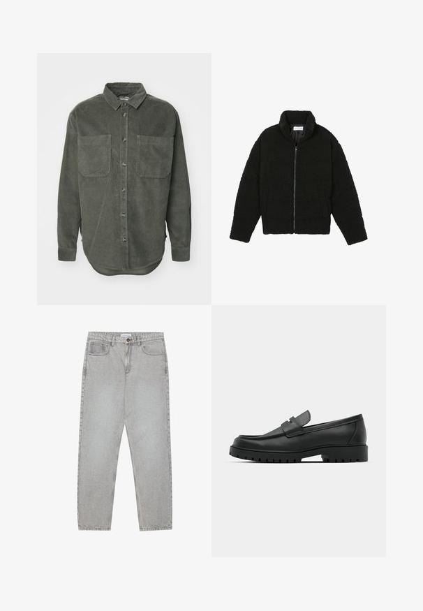 Juoda dirbtinė kailio striukė su aukštu apykakle, užtrauktuku, elastingomis rankovėmis ir siuvinėtu raštu. Su šoninėmis kišenėmis ir švelnia tekstūra.; Žalias kordūroviškas marškiniai su mygtukais priekyje, smailiu apykakle, dviem krūtinės kišenėmis ir ilgomis rankovėmis su mygtukiniais manžetais, turintys tiesų tęstinumą.; Šviesiai pilki džinsai su tiesiu kirpimu, penkiais kišenėmis ir mygtuko uždarymu. Matoma siuvimo linija palei siūles.; Juodi odiniai loaferiai su apvalia nosimi, su siuvinėtu dizainu, žemu platformos padu ir tekstūruotu, sukibimo raštu padu.