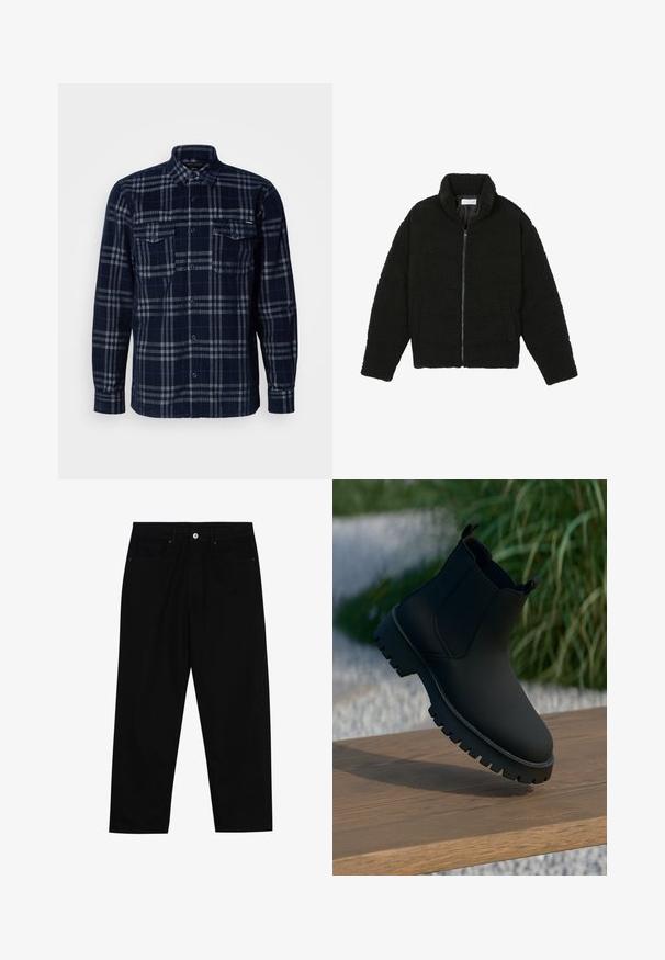 Melnā mākslīgā kažokādas jaka ar augstu apkakli, ar rāvējslēdzēju, elastīgām piedurknēm un kvadrātveida šuvēm. Iespējotas sānu kabatas un mīksta tekstūra.; Lābiski zilas pogu krekls ar pelēku raibu rakstu, divi krūšu kabatas ar pogu atloka, un salocīta apkakle.; Melni džinsi ar taisnu kāju griezumu, piecu kabatu dizainu un priekšēju pogu aizdari. Gluda tekstūra ar minimālu šuvju detaļu skaitu.; Melnas potītes ar gludu apdari, elastīgām sānu malām un biezu, izturīgu zoli. Novietotas uz koka virsmas dabiskā ainavā.