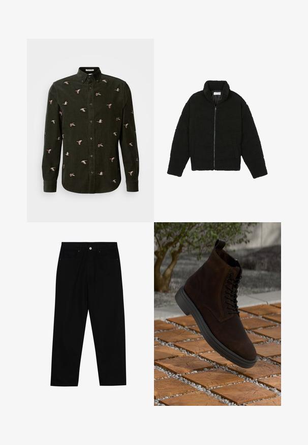Jachetă din blană sintetică neagră, cu guler înalt, închidere cu fermoar, manșete elastice și un design matlasat. Dispune de buzunare laterale și o textură moale.; Cămașa din corduroy verde închis, cu rațe brodate în diverse poziții. Guler cu nasturi și mâneci lungi cu manșete cu nasturi.; Pantaloni negri din denim cu croială dreaptă, design cu cinci buzunare și închidere frontală cu nasture. Textură netedă cu detalii de cusătură minime.; Botine din suede maro, cu ochiuri și șireturi negre, vârf rotund și talpă din cauciuc negru. Prezintă o suprafață texturată și o buclă pentru călcâi.