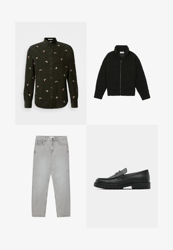 Giacca in pelliccia sintetica nera con colletto alto, chiusura con zip, polsini elasticizzati e design trapuntato. Presenta tasche laterali e una consistenza morbida.; Camicia in corduroy verde scuro con anatre ricamate in varie posizioni. Colletto con bottoni e maniche lunghe con polsini abbottonati.; Pantaloni in denim grigio chiaro con design a gamba dritta, stile a cinque tasche e chiusura con bottone. Cuciture visibili lungo le cuciture.; Mocassini in pelle nera con punta rotonda, caratterizzati da un design cucito, suola piatta bassa e un battistrada in gomma testurizzata e scolpita.