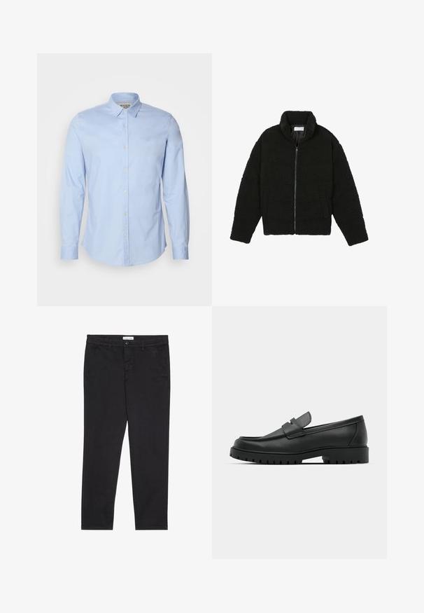Čierna umelá kožušinová bunda s vysokým golierom, zipsom, elastickými manžetami a prešívaným dizajnom. Má bočné vrecká a jemnú textúru.; Svetlomodrá košeľa s dlhým rukávom vyrobená z bavlny, s golierom na gombíky, prednými gombíkmi a jemným logom vyšitým na hrudi.; Čierne bavlnené nohavice so štíhlym strihom, vybavené dvoma bočnými vreckami a predným zapínaním na gombík. Textúrovaná tkanina s jemným detailovaním.; Čierne kožené mokasíny s okrúhlou špičkou, s prešitým dizajnom, nízkou platformou a textúrovanou, zúbkovanou gumovou podrážkou.
