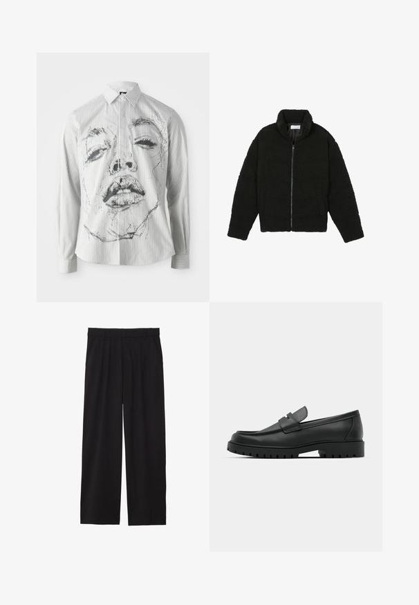 Černá umělá kožešinová bunda s vysokým límcem, zipovým uzávěrem, elastickými manžetami a prošívaným designem. Obsahuje postranní kapsy a jemnou texturu.; Pruhovaná košile s dlouhým rukávem se monochromatickou ilustrací obličeje na přední straně. Materiál je hladký, má klasický límec a detaily s knoflíky.; Černé široké kalhoty s skladaným předním dílem, bočními kapsami a hladkou texturou tkaniny. Navrženy pro pohodlný střih.; Černé kožené mokasíny s kulatou špičkou, zdobené prošitím, s nízkou platformou a texturovanou gumovou podrážkou s drážkováním.