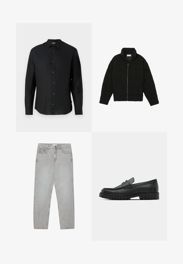 Jachetă din blană sintetică neagră, cu guler înalt, închidere cu fermoar, manșete elastice și un design matlasat. Dispune de buzunare laterale și o textură moale.; Cămașă neagră, cu mânecă lungă, din in ușor. Prezintă un guler ascuțit, închidere cu nasturi pe față și un tiv drept. Textură moale.; Pantaloni din denim gri deschis cu un design cu picioare drepte, stil cu cinci buzunare și închidere cu nasture. Cusături vizibile de-a lungul cusăturilor.; Mocasini din piele neagră cu vârful rotunjit, având un design cusut, talpă joasă și o talpă din cauciuc texturat, cu crampoane.