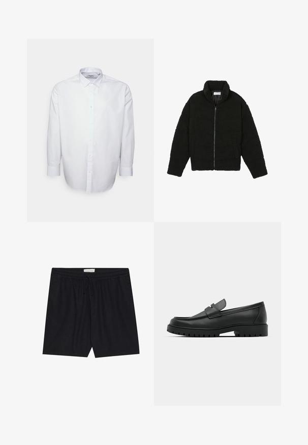 Schwarze Kunstpelzjacke mit hohem Kragen, Reißverschluss, elastischen Bündchen und gestepptem Design. Verfügt über seitliche Taschen und eine weiche Textur.; Weißes Hemd mit langen Ärmeln, klassischem Kragen und Frontknopfleiste. Hergestellt aus glattem, leichtem Stoff mit normaler Passform.; Schwarze, elastische Shorts mit Kordelzug, die eine glatte Textur und einen geraden Schnitt aufweisen, geeignet für die Freizeit.; Schwarze Lederloafer mit runder Zehenform, ausgestattet mit einem gesteppten Design, niedrigem Plattformsohle und einer strukturierten, genoppten Gummisohle.