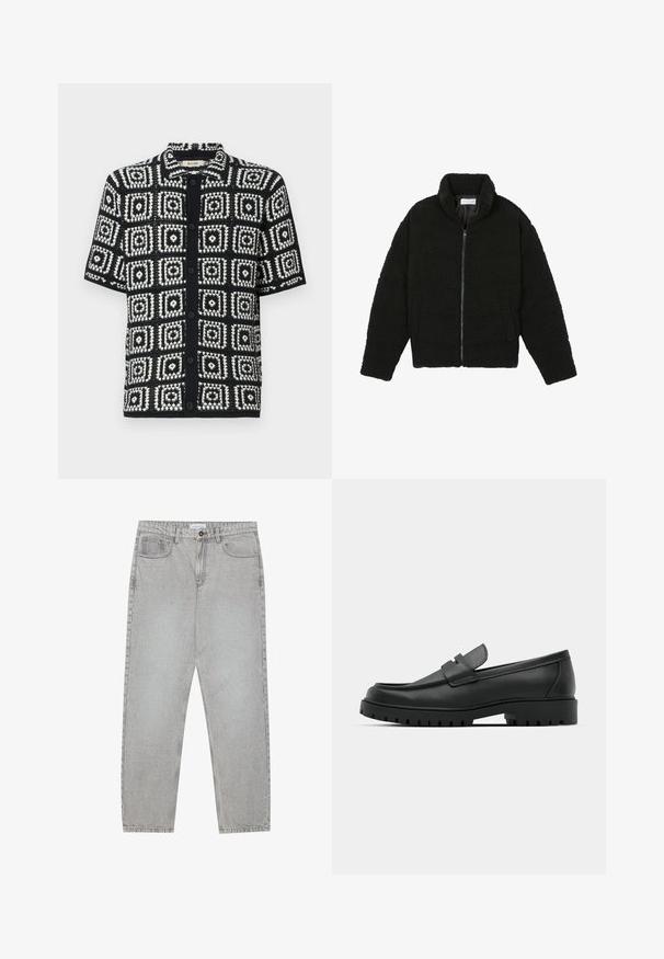 Black faux fur jacket with a high collar, zip closure, elastic cuffs, and a quilted design. Features side pockets and a soft texture.; Short-sleeve shirt in black and white with a square pattern. Made of textured fabric, featuring a button front and a pointed collar.; Light grey denim pants with a straight-leg design, five-pocket styling, and a button closure. Visible stitching along the seams.; Black leather loafers with a rounded toe, featuring a stitched design, low platform sole, and a textured, lugged rubber outsole.