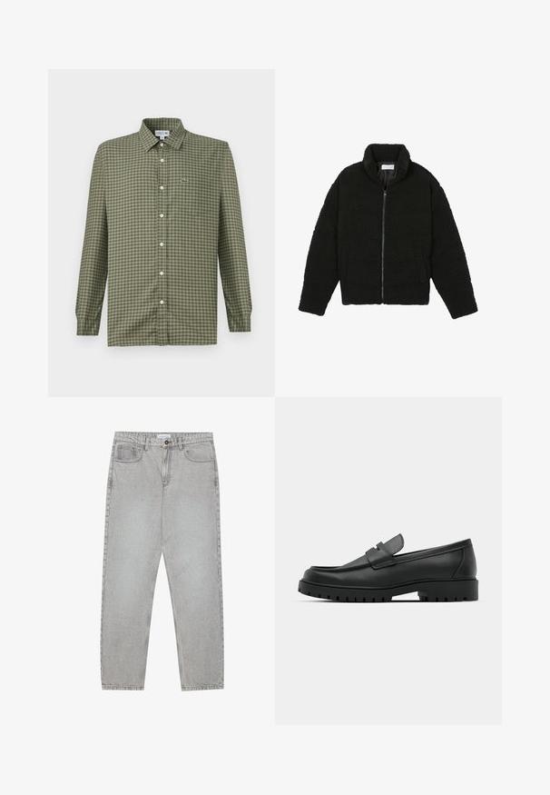 Zwarte faux fur jas met een hoge kraag, ritssluiting, elastische manchetten en een doorgestikt ontwerp. Beschikt over zijzakken en een zachte textuur.; Groene geruite overhemdd met een kraag, lange mouwen en een klein Lacoste-logo op de linkerborst. Gemaakt van lichtgewicht stof.; Lichtgrijze denimbroek met een recht model, vijfzakkenstijl en een knoopsluiting. Zichtbare stiksels langs de naden.; Zwarte leren instappers met een ronde neus, voorzien van een gestikt ontwerp, een lage platformzool en een gestructureerde, grof rubberen buitenzool.