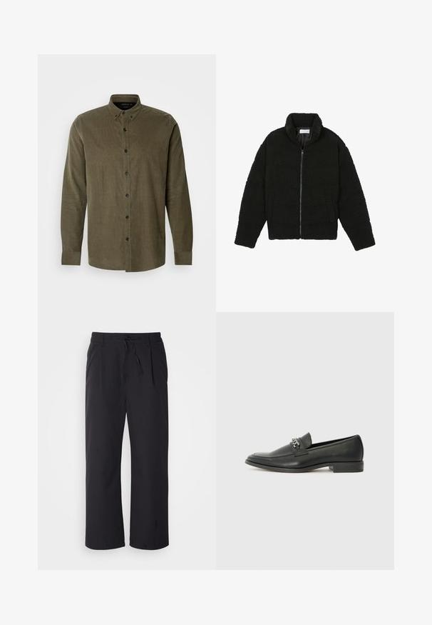 Black faux fur jacket with a high collar, zip closure, elastic cuffs, and a quilted design. Features side pockets and a soft texture.; Olive green corduroy shirt with long sleeves, button-down collar, front button placket, and black plastic buttons. Soft textured fabric.; Wide-leg pants in textured black fabric with a drawstring waistband, featuring two front pockets and a straight cut design.; Black leather loafer with a smooth finish, featuring a stitched design and a decorative metal chain accent across the vamp. Flat heel.