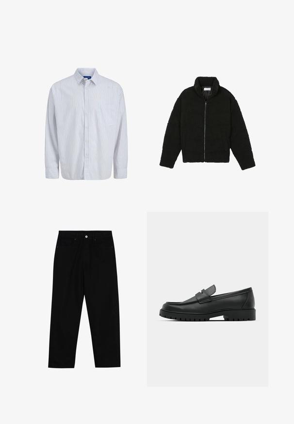 Giacca in pelliccia sintetica nera con colletto alto, chiusura con zip, polsini elasticizzati e design trapuntato. Presenta tasche laterali e una consistenza morbida.; Camicia bianca a maniche lunghe con bottoni, strisce verticali rosse sottili, tasca sul petto, colletto e polsini con bottoni.; Pantaloni in denim nero con taglio dritto, design a cinque tasche e chiusura frontale con bottone. Tessuto liscio con dettagli di cucitura minimi.; Mocassini in pelle nera con punta rotonda, caratterizzati da un design cucito, suola piatta bassa e un battistrada in gomma testurizzata e scolpita.
