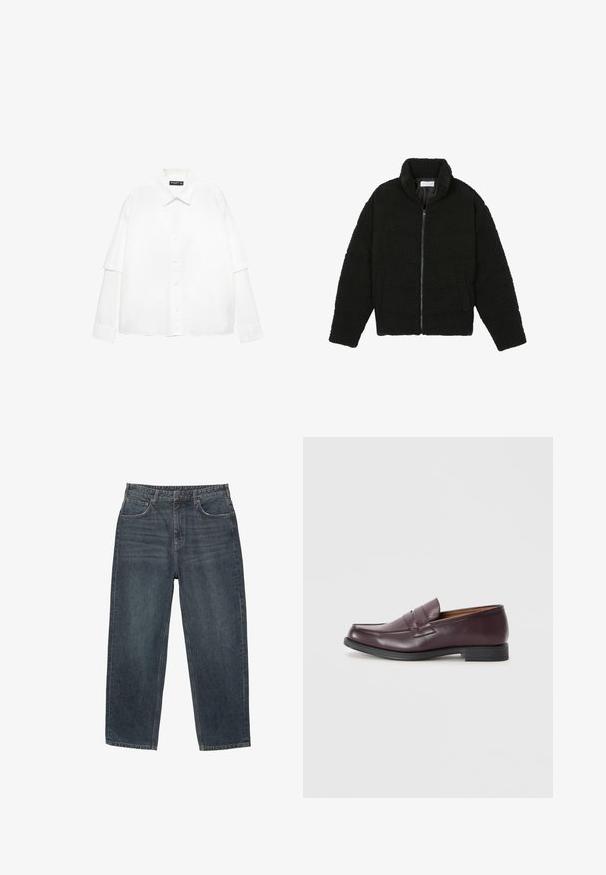 Zwarte faux fur jas met een hoge kraag, ritssluiting, elastische manchetten en een doorgestikt ontwerp. Beschikt over zijzakken en een zachte textuur.; Witte lange mouwen blouse van katoen met een knoopsluiting aan de voorkant, voorzien van een klassieke kraag en oversized mouwen met een relaxte pasvorm.; Donkerblauwe denim jeans met een recht model, vijf zakken, riemlussen en subtiele vervaging in het materiaal. Gestikt zoomdetail.; Bordeaux leren loafers met een ronde neus, subtiele stiksels en een lage zwarte zool. Klassiek ontwerp met minimale versieringen.