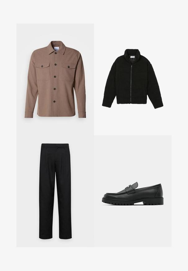 Juoda dirbtinė kailio striukė su aukštu apykakle, užtrauktuku, elastingomis rankovėmis ir siuvinėtu raštu. Su šoninėmis kišenėmis ir švelnia tekstūra.; Rudas mygtukų marškiniai, pagaminti iš tekstūruoto audinio, su ilgomis rankovėmis, dviem krūtinės kišenėmis ir juodais mygtukais. Klasikinio apykaklės dizainas.; Juodi kelnių modeliai, pagaminti iš lygios medžiagos, turi tiesią kojas, du priekiniai klostės ir standartinę juosmenį su diržo kilpomis.; Juodi odiniai loaferiai su apvalia nosimi, su siuvinėtu dizainu, žemu platformos padu ir tekstūruotu, sukibimo raštu padu.