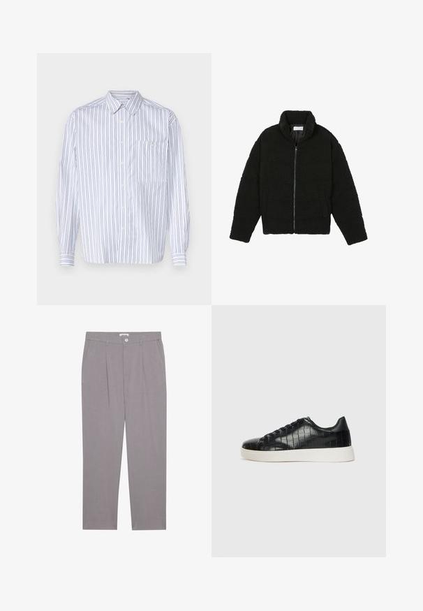 Giacca in pelliccia sintetica nera con colletto alto, chiusura con zip, polsini elasticizzati e design trapuntato. Presenta tasche laterali e una consistenza morbida.; Camicia bianca con bottoni, a righe verticali blu navy, maniche lunghe, taschino sul petto e colletto classico. Tessuto morbido con una vestibilità rilassata.; Pantaloni grigi su misura con taglio dritto, dotati di due tasche frontali, pieghe e chiusura a bottone. Realizzati in tessuto leggero.; Sneaker nere con una toma superiore in pelle con effetto croc embossato, punta rotonda e suola in gomma bianca a contrasto con una finitura liscia.