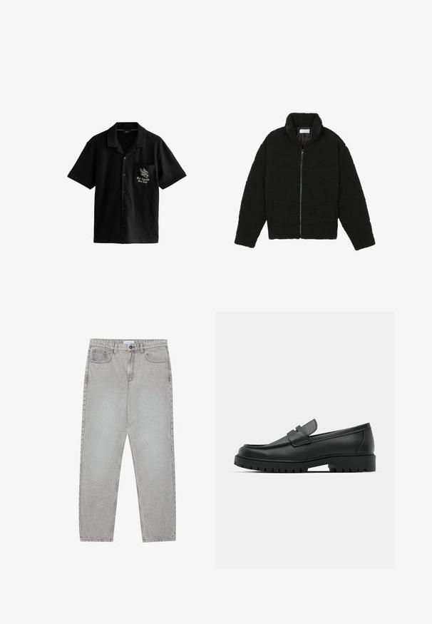 Crna jakna od umjetnog krzna s visokim ovratnikom, zatvaranjem na zip, elastičnim manžetama i kviltanim dizajnom. Sadrži bočne džepove i mekanu teksturu.; Crna kratka majica s kratkim rukavima od mekanog materijala, s dugmetima sprijeda, šiljastim ovratnikom i lijevim dzepom na prsima s dizajnom orla i natpisom.; Svijetlosivi traper hlače s ravnim nogavicama, stilom s pet džepova i kopčanjem na gumb. Vidljivo šivenje duž šavova.; Crne kožne mokasine s zaobljenim vrhom, s ušivenim dizajnom, niskom platformom i teksturiranim, gumenim potplatom s izbočinama.