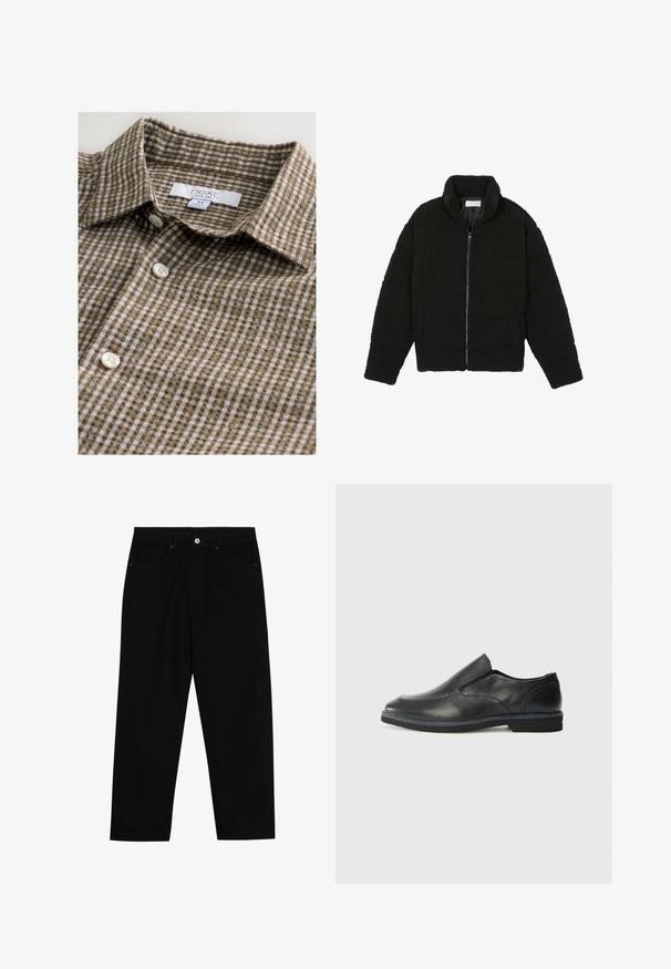 Must must karusnahast jakk kõrge kraega, lukuga sulgemine, elastsed varrukad ja tikandmuster. Omab küljetaskuid ja pehmet tekstuuri.; Pruunist ruudulisest kangast nööbiga särk, millel on pehme tekstuur. Omab klassikalist kraed ja valgeid nuppe. Silt on nähtav.; Mustadest denimist püksid, millel on sirge jalg, viie tasku disain ja eesnupuga sulgur. Sile tekstuur koos minimaalsete õmblustega.; Must musta laia suuga king, millel on sile ülemine osa, õmmeldud detailid, ümmargune nina ja madal kummist konts. Tallal on minimaalne mustr.