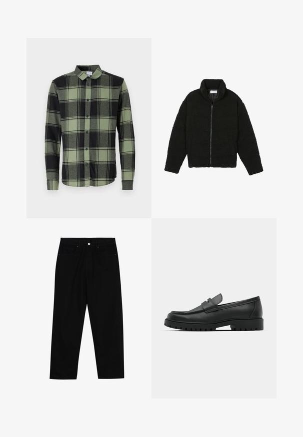 Svart fuskepelsjakke med høy krage, glidelås, elastiske mansjetter og quiltet design. Har sidelommer og en myk tekstur.; Mørkegrønn og svart rutete skjorte med lange ermer, med klassisk krage og blå knapper. Myk, teksturert stoff.; Sorte denimbukser med rett benklipp, fem-lomme design og frontknappåpning. Jevn tekstur med minimale sømdetaljer.; Sorte lærloafere med rund tå, med en syddesign, lav plattformsåle og en teksturert, ruggede gummisåle.