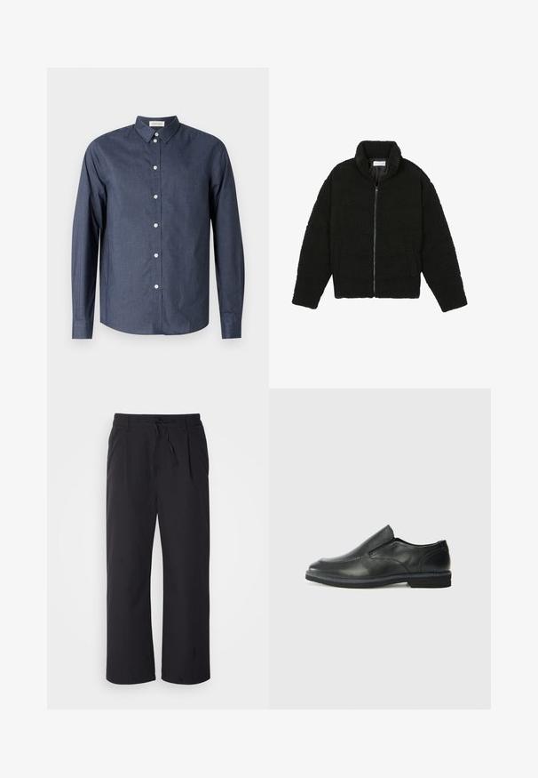 Juoda dirbtinė kailio striukė su aukštu apykakle, užtrauktuku, elastingomis rankovėmis ir siuvinėtu raštu. Su šoninėmis kišenėmis ir švelnia tekstūra.; Jūros laivyno mėlynos spalvos ilgomis rankovėmis marškiniai, pagaminti iš lygaus audinio; turi klasikinį apykaklę, baltus mygtukus ir kreivą apačios kraštą.; Platus kojų kelnes iš tekstūruotos juodos medžiagos su virvute juosmenyje, turinčios dvi priekinės kišenes ir tiesią siluetą.; Juodai odiniai įtvirtinimo batai su lygiu paviršiumi, siuvinėjimo akcentais, apvalia nosimi ir žemu guminiu kulnu. Pado raštas minimalus.