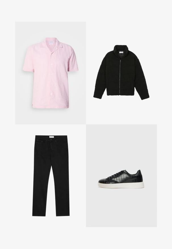 Svart fuskepelsjakke med høy krage, glidelås, elastiske mansjetter og quiltet design. Har sidelommer og en myk tekstur.; Kortermet rosa lin skjorte med felt krage, seks knapper foran og sidespalter for komfort. Stoffet har en lett teksturert overflate.; Svarte jeans med rette ben, fem lommer, knapp og glidelås-lukking, og et Pier One-merkelapp på midjen.; Svarte joggesko med en teksturert krokodille-embossed læroverdel, rund tå og en kontrasterende hvit gummisåle med en glatt overflate.