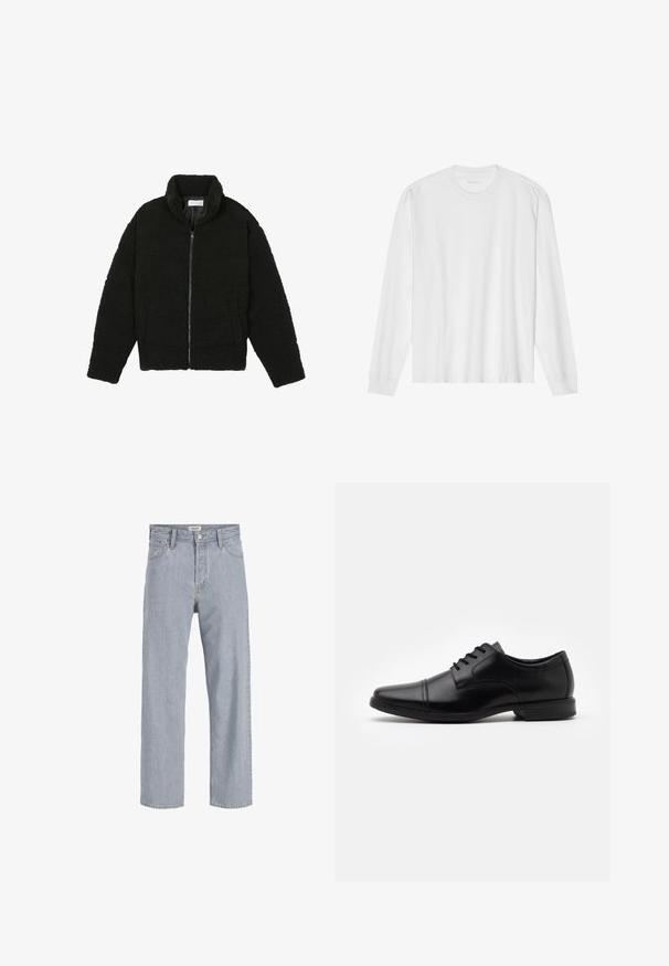 Črna jakna iz umetnega krzna z visokim ovratnikom, z zadrgo, elastičnimi manšetami in kviltanim dizajnom. Ima stranske žepke in mehak tekstur.; Bela bombažna majica z dolgimi rokavi in posadnim izrezom ter rebrastimi manšetami. Preprost, neokrašen dizajn, ki se ponaša z gladko teksturo in standardnim krojem.; Svetlo modri kavbojki s sproščenim krojem, naravnost oblikovani nogi, vidnimi šivi, dvema sprednjima žepoma in gumbnim zapiranjem.; Črne usnjene oblečne čevlje s koničastim nosom, vezalkami, subtilnimi šivi in nizkim, teksturiranim gumijastim podplatom.
